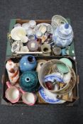 Two boxes of assorted china, oriental tea services, beer steins, blue and white lidded vase,