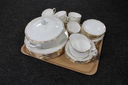 A tray of thirty-five pieces of Duchess Ascot white and gilt tea and dinner china