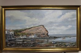 A gilt framed Denys Garle oil on canvas, Coastal village,