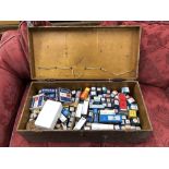 A vintage wooden crate containing a large quantity of vintage radio valves,