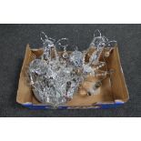 A box of two contemporary chrome five way light fittings with glass drops,