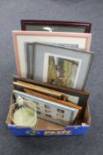 A box of assorted framed pictures and prints including coloured etchings, point to point horses,