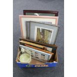 A box of assorted framed pictures and prints including coloured etchings, point to point horses,