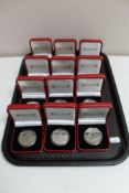 A tray of twelve cased Pobjoy mint Gibraltar commemorative coins
