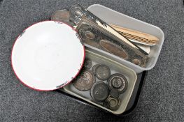 A set of kitchen scales and weights,