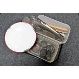 A set of kitchen scales and weights,