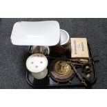 A tray of Viking kitchen scales and weights, brass candle sconces, treen biscuit barrel,