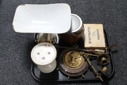 A tray of Viking kitchen scales and weights, brass candle sconces, treen biscuit barrel,