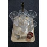 A tray of assorted glass and lead crystal, table lamp, vases, knife rests,