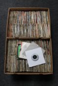 Two boxes of a large quantity of vinyl 7" singles, The Beatles, The Smiths,