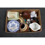 A box of miscellaneous antique and later china, tea pots, butter dish with cover,