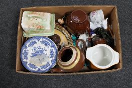 A box of miscellaneous antique and later china, tea pots, butter dish with cover,