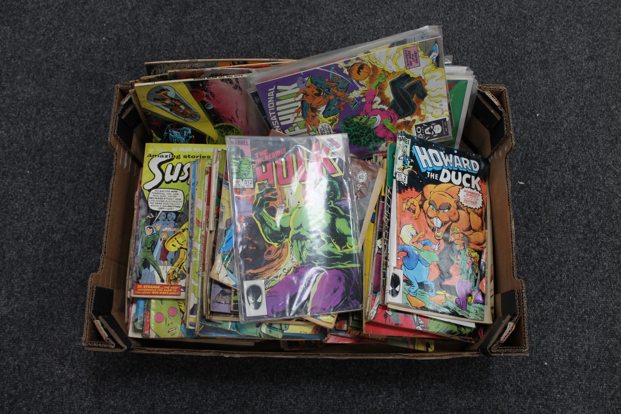 A box of mid 20th century comics - Marvel, Incredible Hulk, She Hulk, DC Superman,