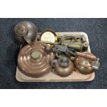 A tray of antique brass and copper ware, kettles, flasks, brass horn and miniature oil lamp,