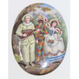 A fine 19th century enamelled oval plaque depicting figures in 18th century dress,