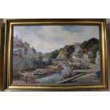 A gilt framed Denys Garle oil on canvas, Cornish village by a river,