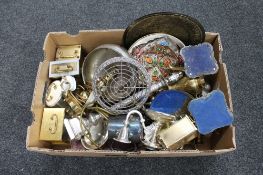 A box of metal ware - brass and plated items,