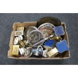 A box of metal ware - brass and plated items,