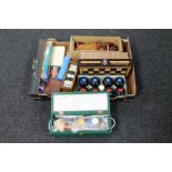 A box of games - Dominoes, cards, miniature croquet set,