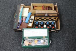 A box of games - Dominoes, cards, miniature croquet set,