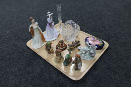 A tray of lead crystal, Lladro figure- Swan, Moorcroft trinket dish (a/f),