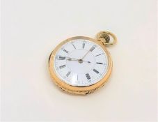 A heavy 18ct gold open faced pocket watch with repousse case edge, width 52mm.