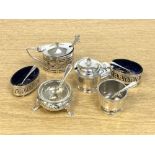 Six various silver condiments and six silver caddy spoons