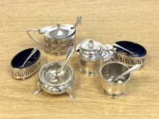 Six various silver condiments and six silver caddy spoons