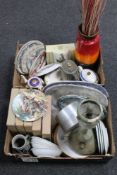 Two boxes of antique blue and white meat plates, paraffin lamp, West German vase,