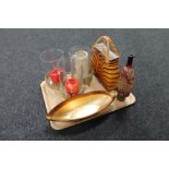A tray of contemporary glass ware, three candle holders on metal base.