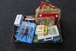 A box of vintage toys, top trumps,