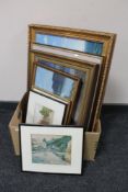 A box of seven framed Thomas Clay oil paintings and watercolours, lake scenes,