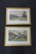 A pair of gilt framed early 20th century watercolours depicting figures in a rural landscape