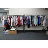 Two rails and two boxes of clothing, lady's jackets, skirts, blouses,