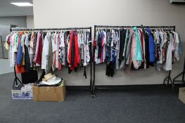 Two rails and two boxes of clothing, lady's jackets, skirts, blouses,