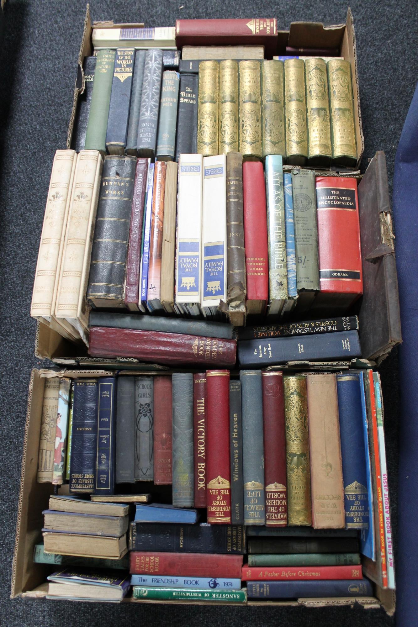 Three boxes containing a quantity of antiquarian and later books including Harmsworth's History of