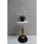 A Victorian Hinks safety oil lamp with glass chimney and shade CONDITION REPORT: