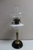 A Victorian Hinks safety oil lamp with glass chimney and shade CONDITION REPORT: