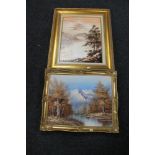A gilt framed oil on board, Lake scene with mountains beyond, signed Dallas,