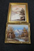 A gilt framed oil on board, Lake scene with mountains beyond, signed Dallas,