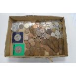 A box of two £5 coins, two further Crowns, silver and copper coins,