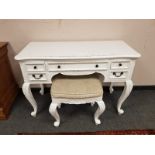 A contemporary white dressing table on cabriole legs with matching stool, width 110 cm.