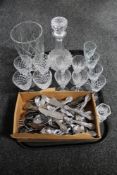 A tray of glass ware, lead crystal vase, decanter, drinking glasses,