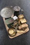 A tray of wooden Art Deco mantel clock, three carriage clocks, plated coffee pot,