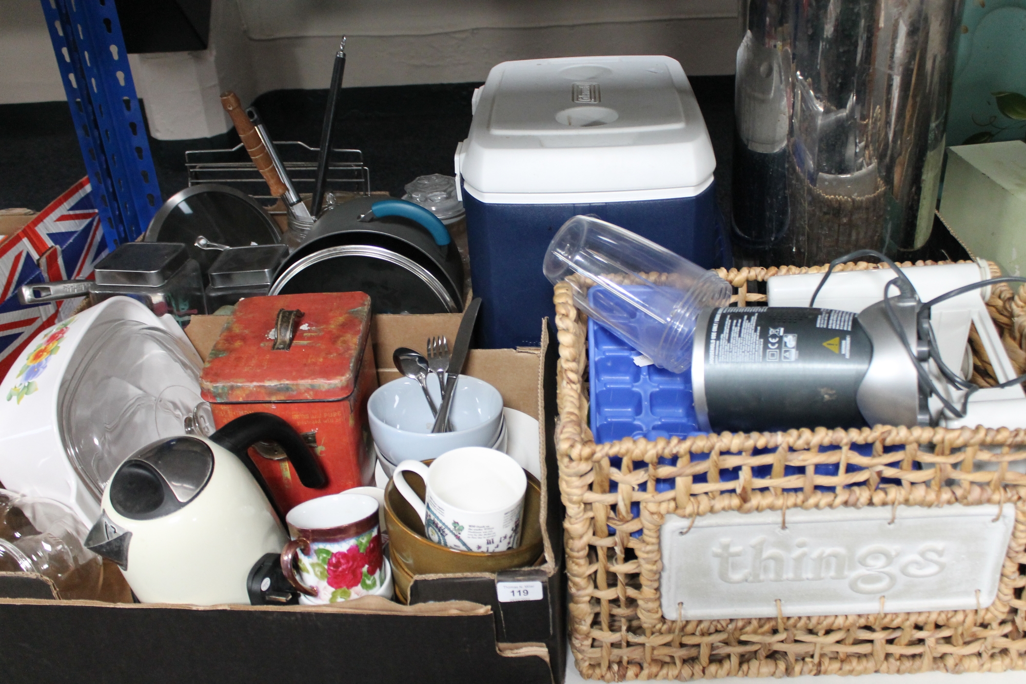 Two boxes and a basket containing kitchenalia,