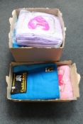 Two boxes of new and used vintage woolen blankets