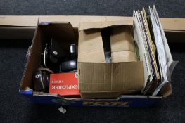 A box of Gnome projector and screen, cameras, small quantity of LP's,