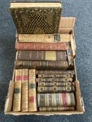 A box of eighteen antiquarian volumes, mostly leather bound,