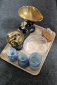 A tray of Art glass vases, glass fruit bowl and hand bag,