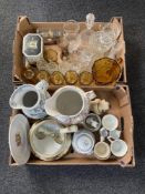 Two boxes of antique pottery wash jugs, commemorative mugs and beakers, glass ware,